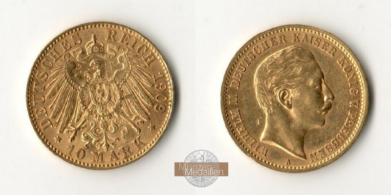 Deutsches Kaiserreich. Preussen. MM-Frankfurt Feingold: 3,58g Wilhelm II. 1888-1918. 10 Mark 1909 A 