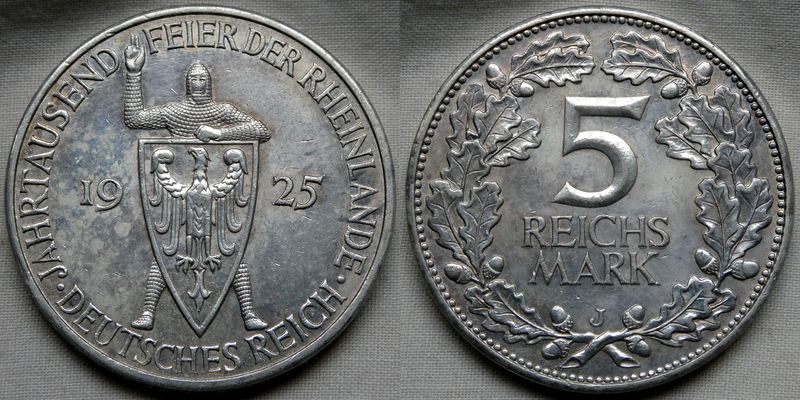  Weimarer Republik - 5 Reichsmark 1925 J (!!) - Rheinlande - VZ - Sehr selten !!   