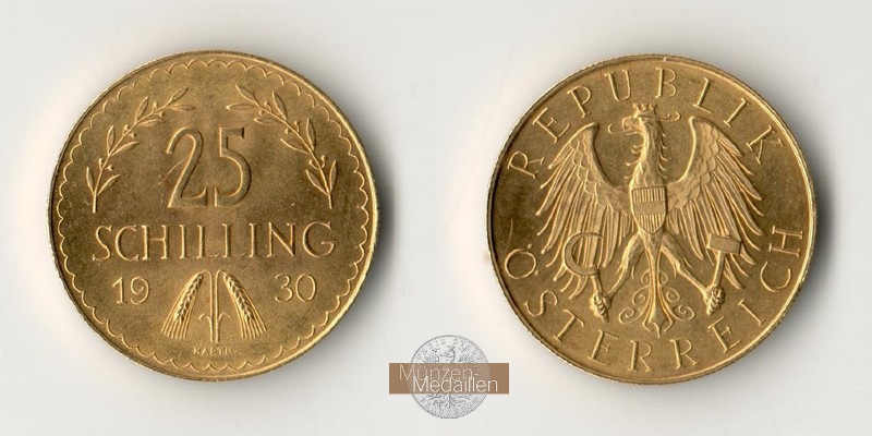 Österreich, Erste Republik (1919-1934). MM-Frankfurt Feingold: 5,29g 25 Schilling 1930 