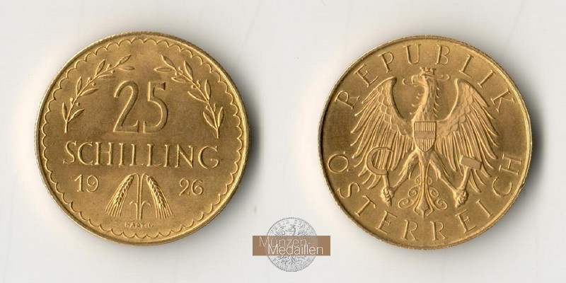 Österreich, Erste Republik (1919-1934). MM-Frankfurt Feingold: 5,29g 25 Schilling 1926 