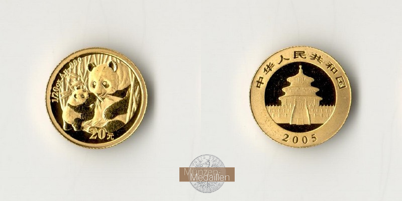 China, Volksrepublik. MM-Frankfurt Feingewicht 1,55g Gold 20 Yuan (Panda) 2005 