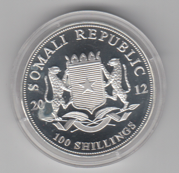  Somalia, 100 Shillings 2012, Elefant mit Privy Drache, 1 unze oz, 31,1 Gramm Silber   