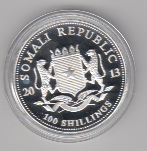  Somalia, 100 Shillings 2013, Elefant mit Privy Schlange, 1 unze oz, 31,1 Gramm Silber   