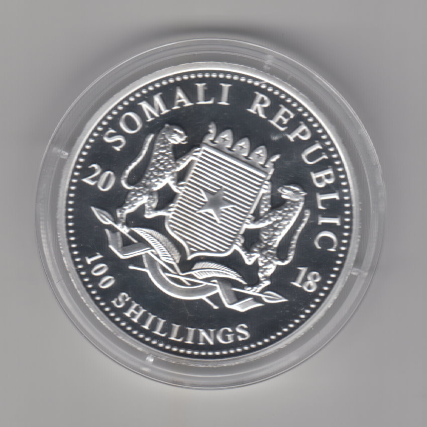  Somalia, 100 Shillings 2018, Elefant mit Privy 15 Jahre 2004 bis 2018, 1 unze oz, 31,1 Gramm Silber   