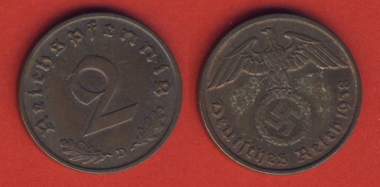  Deutsches Reich 2 Reichspfennig 1938 D   