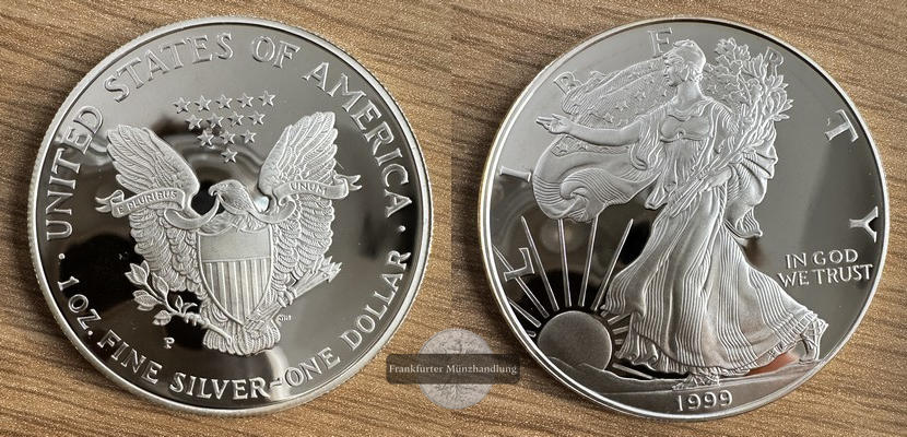  USA -  1 Dollar 1999 American Silver Eagle PP min. berieben  FM-Frankfurt     Feinsilber: 31,1g   