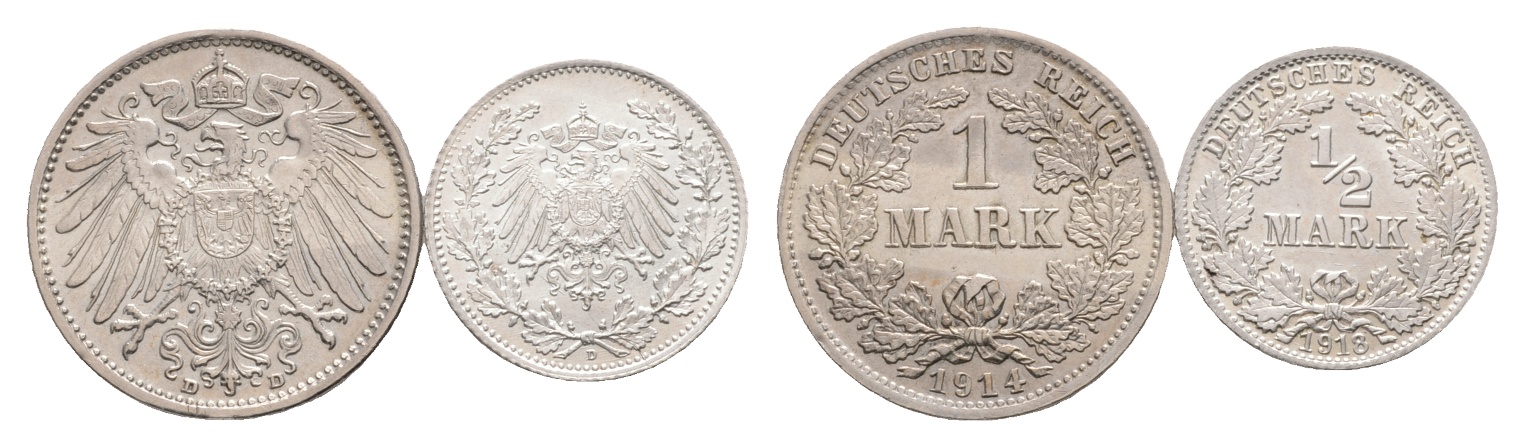  Kaiserreich; 2 Kleinmünzen (1 Mark 1914 D, 1/2 Mark 1918 D)   