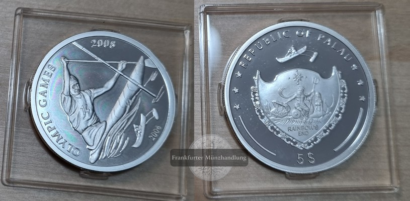  Palau  5 Dollars  2008  FM-Frankfurt XXIX. Olympische Sommerspiel Feingewicht: 23,125g  Silber  PP   