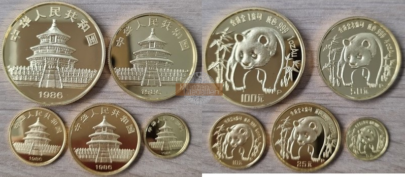 China. 100, 50, 25, 10 und 5 Yuan MM-Frankfurt  Feingewicht: 1,9oz, 59,1g Münzsatz Panda 1986 