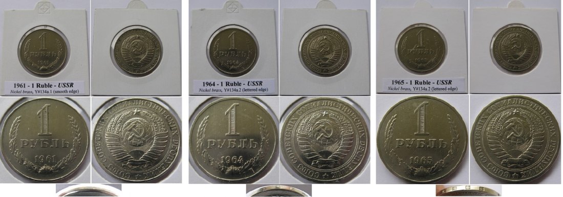  1961-1965,USSR, a set of 3 pcs 1-Ruble Soviet coins   