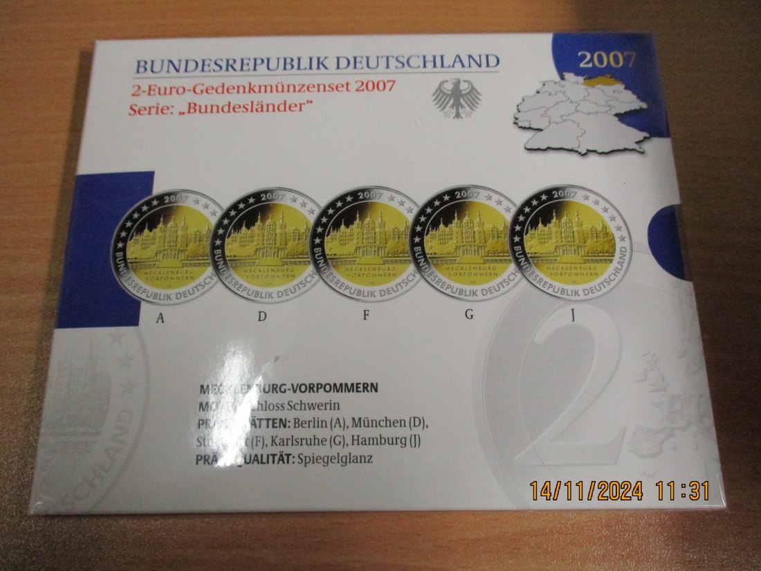  2 Euro Gedenkmünzenset 2007 Serie Bundesländer Mecklenburg Vorpommern Schloss Schwerin   