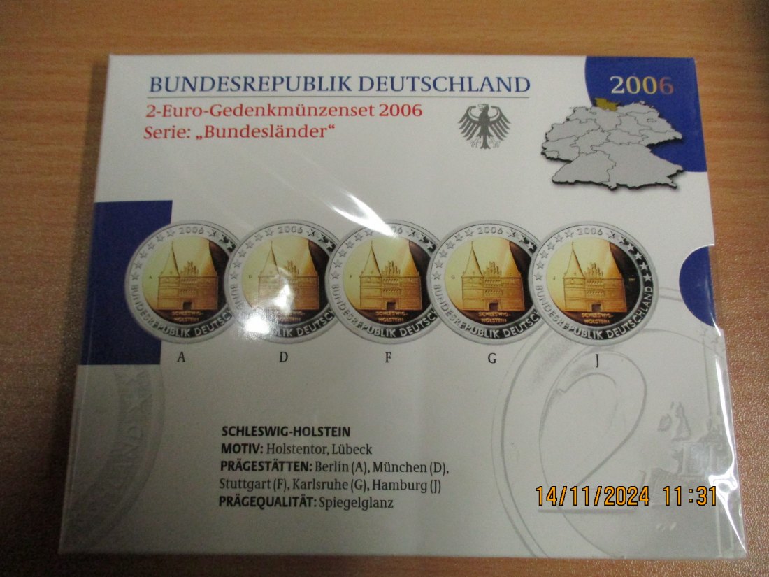  2 Euro Gedenkmünzenset 2006 Serie Bundesländer Schleswig Holstein Holstentor Lübeck   