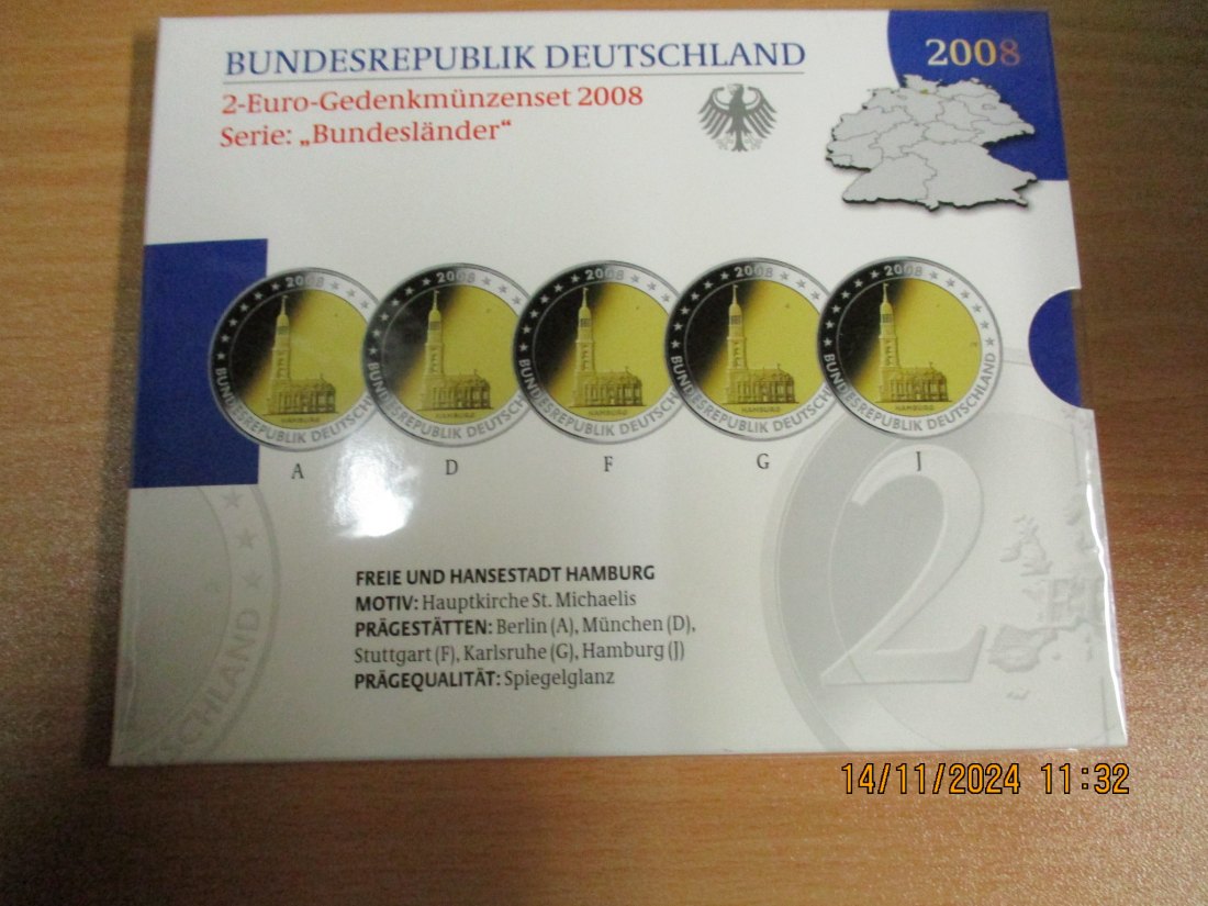  2 Euro Gedenkmünzenset 2008 Serie Bundesländer Hansestadt Hamburg Hauptkirche St.Michaelis   