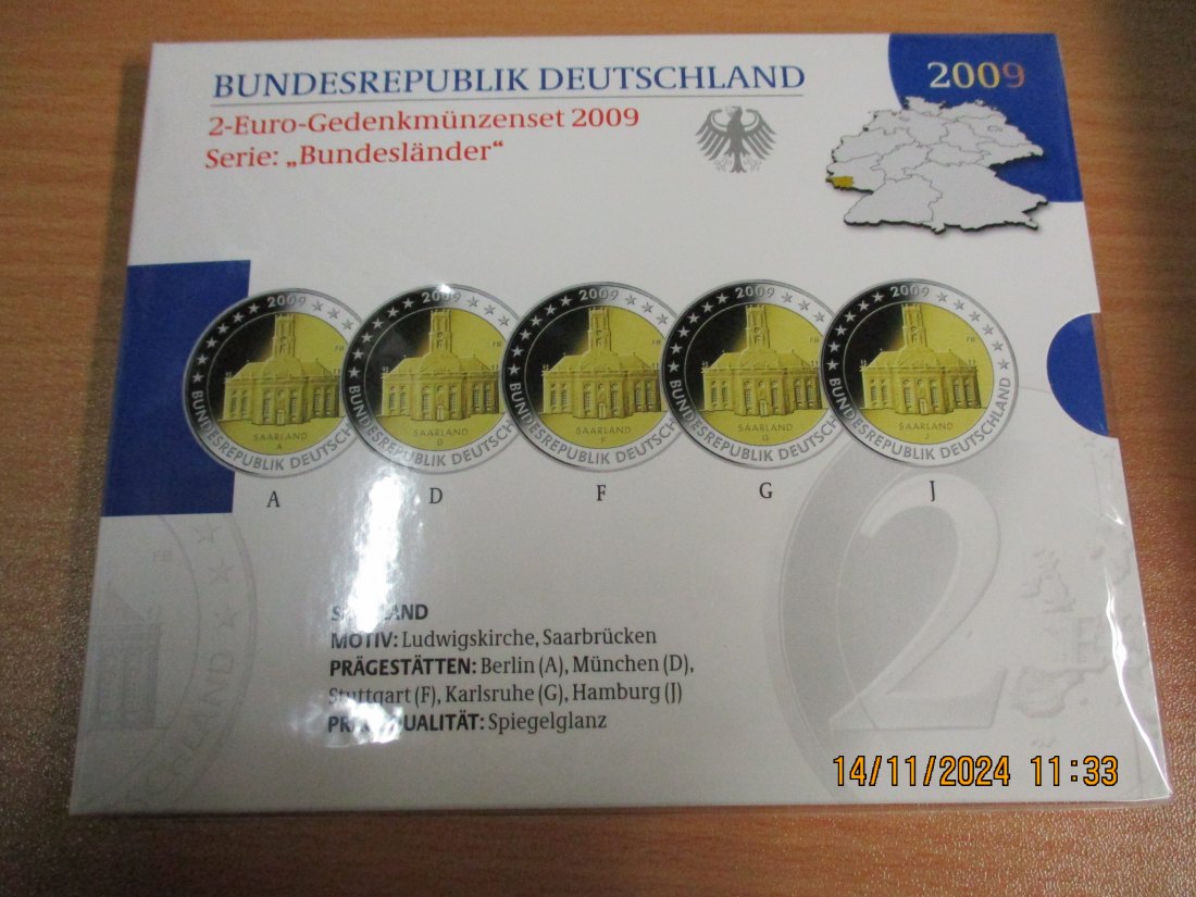  2 Euro Gedenkmünzenset 2009 Serie Bundesländer Saarland Ludwigskireche Saarbrücken   