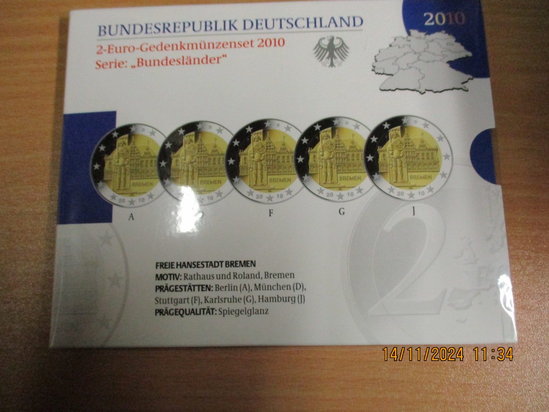  2 Euro Gedenkmünzenset 2010 Serie Bundesländer Hansestadt Bremen Rathaus und Roland   