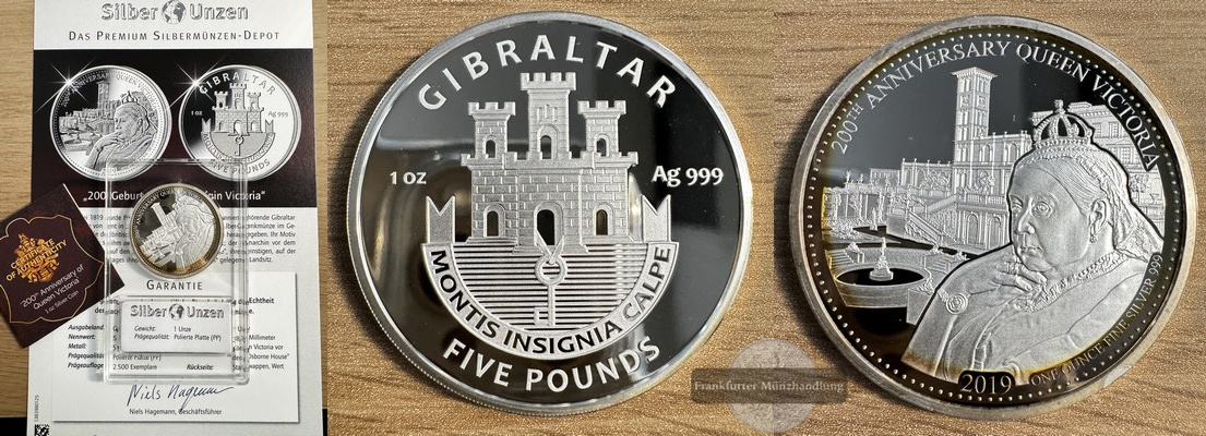  Gibraltar 5 Pfund 2019 - 200. Geburtstag von Königin Victoria - FM-Frankfurt Feinsilber:31.1g - PP   