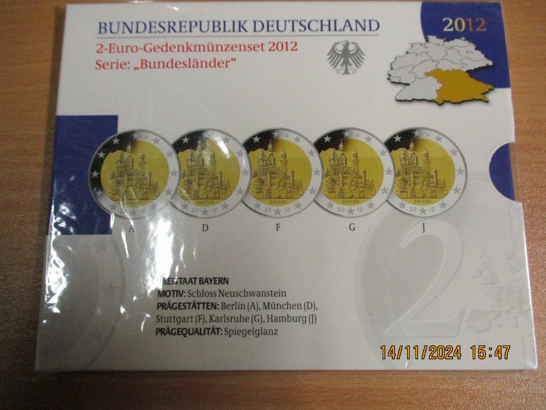  2 Euro Gedenkmünzenset 2012 Serie Bundesländer Bayern Schloss Neuschwanstein   