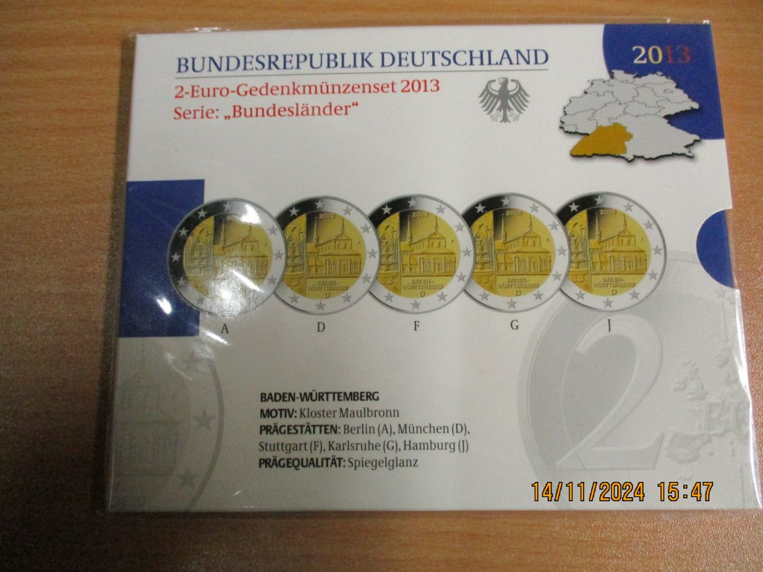  2 Euro Gedenkmünzenset 2013 Serie Bundesländer Baden Württemberg Kloster Maulbornn   