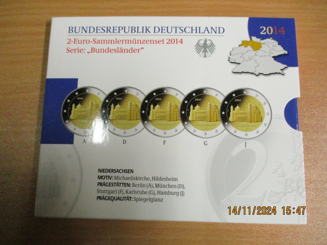  2 Euro Gedenkmünzenset 2014 Serie Bundesländer Niedersachsen Mechaeliskirche Hilfesheim   