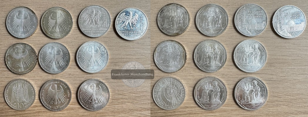  Lot: 10x Deutschland 10 Mark (1999-2000) - FM-Frankfurt Feinsilber: 143,375g   