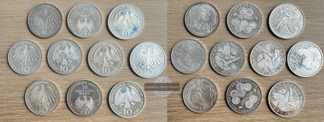  Lot: 10x Deutschland 10 Mark (1998) - FM-Frankfurt Feinsilber: 143,375g   