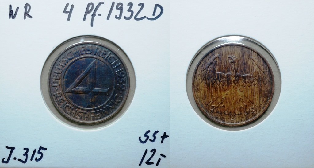  Weimarer Rep., 4 Pfennig 1932 D   