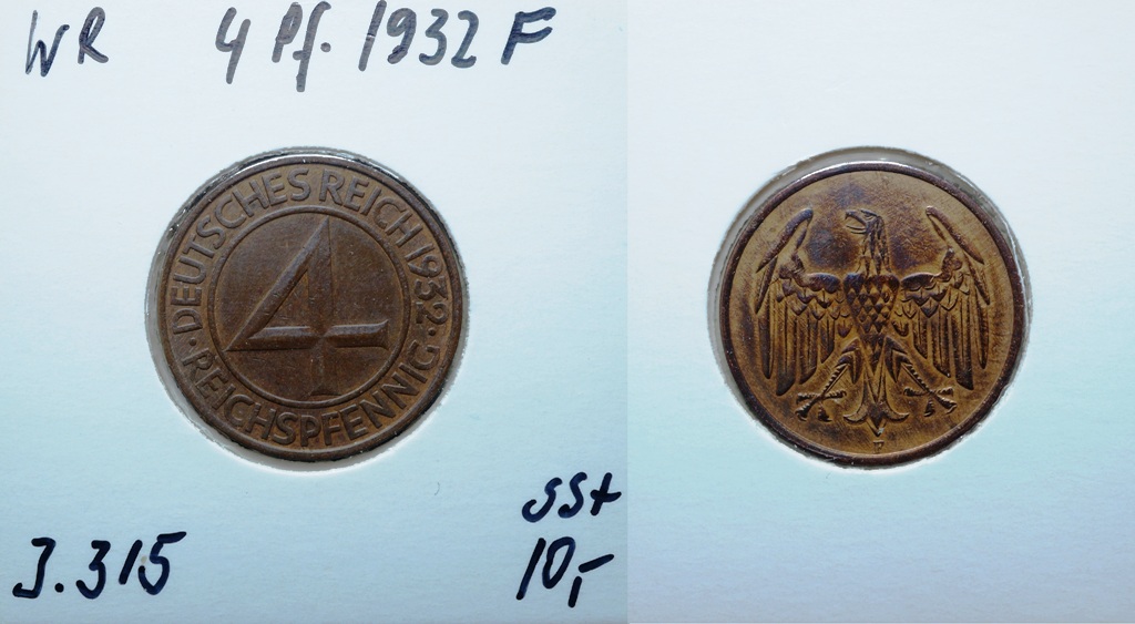  Weimarer Rep., 4 Pfennig 1932 F   