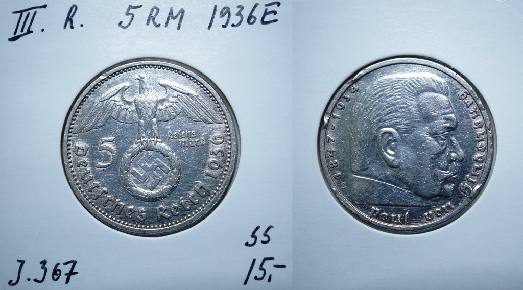  3. Reich, 5 Mark 1936 E   