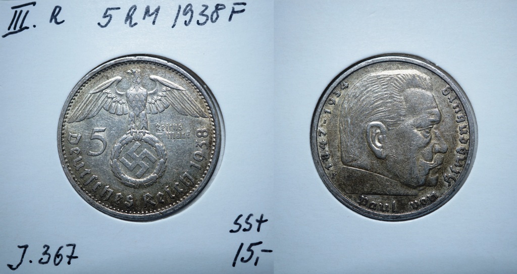  3. Reich, 5 Mark 1938 F   