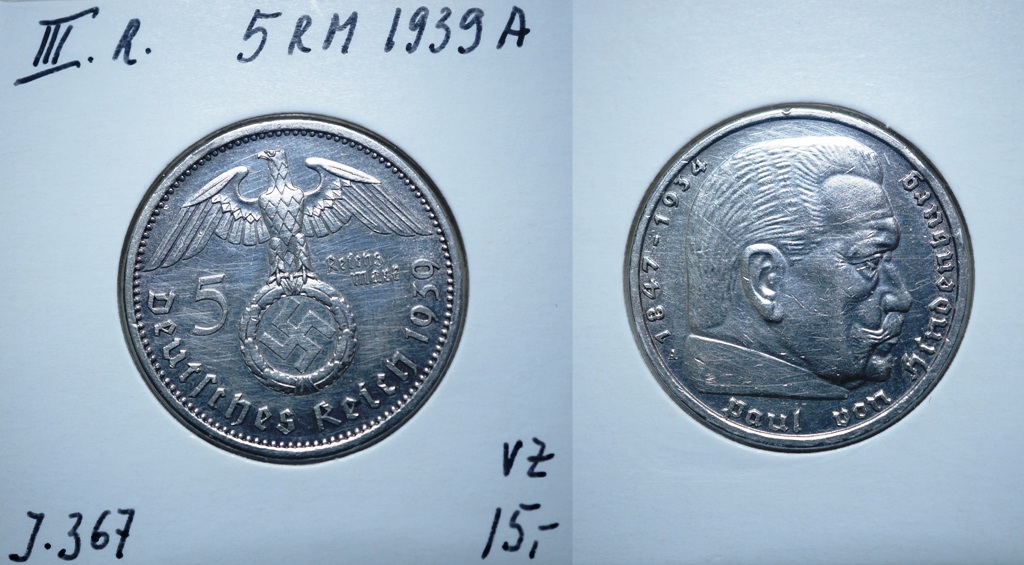  3. Reich, 5 Mark 1939 A   