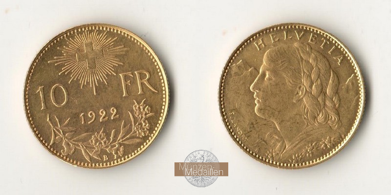 Schweiz  10 sFR MM-Frankfurt Feingold: 2,90g 1/2 Vreneli 1922 B 