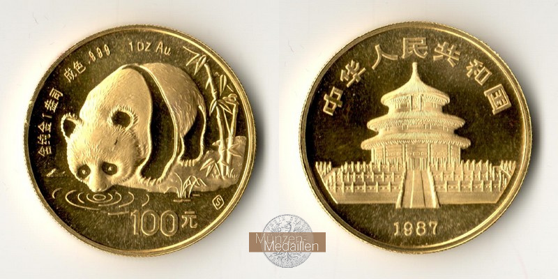 China, Volksrepublik. MM-Frankfurt Feingold: 31,1g - 1 Unze 100 Yuan Panda 1987 