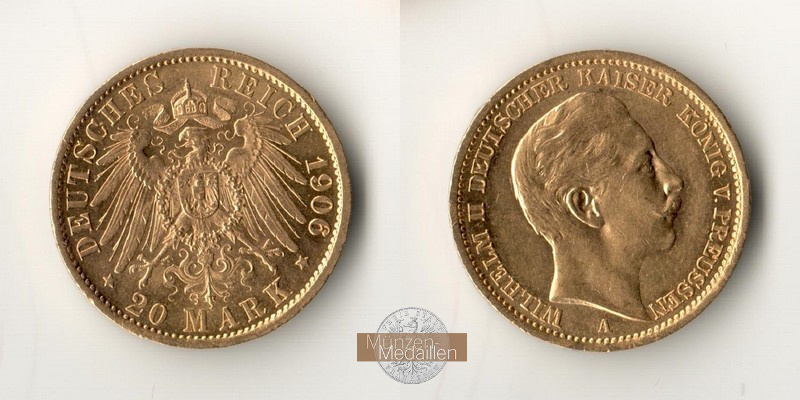 Preussen, Kaiserreich  20 Mark MM-Frankfurt Feingold: 7,17g Wilhelm II. (1891-1918) 1906 A 