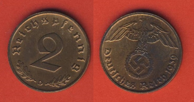  Deutsches Reich 2 Reichspfennig 1939 D   