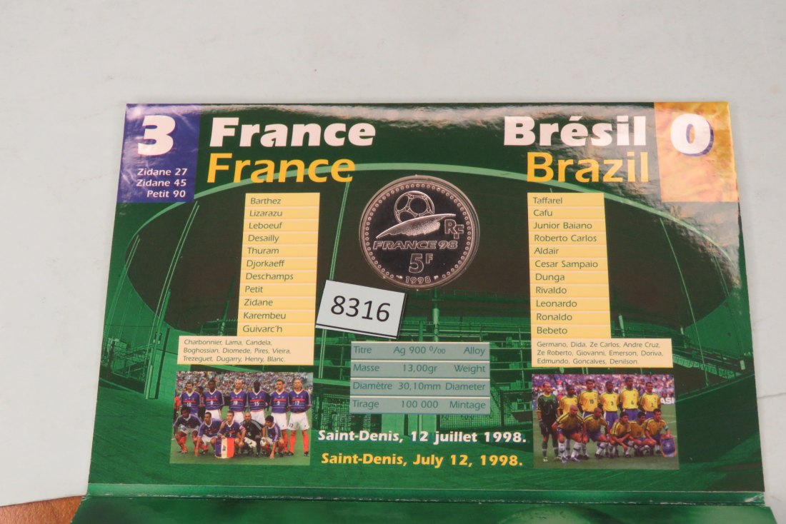  8316 Frankreich 1998 - 5 Francs 13 g Silber 0.900 Fußball WM im Originalkarton   