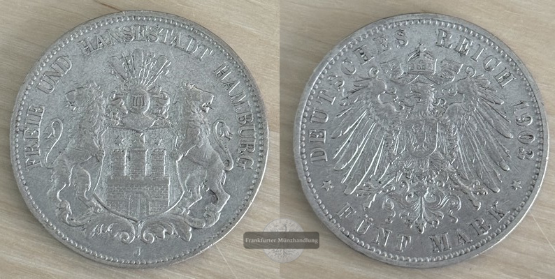  Deutsches Kaiserreich. Hamburg, Freie und Hansestadt  5 Mark 1903 J  FM-Frankfurt   Feinsilber: 25g   