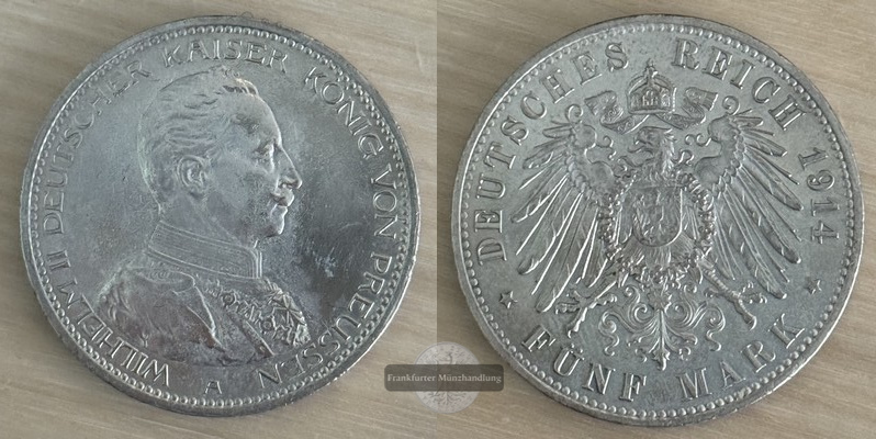  Deutsches Kaiserreich, Preussen   5 Mark 1914 A  Wilhelm II. Uniform   FM-Frankfurt Feinsilber: 25g   