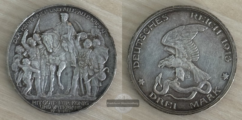  Deutsches Kaiserreich, Preussen 3 Mark 1913 Befreiungskriege FM-Frankfurt  Feinsilber:15g   