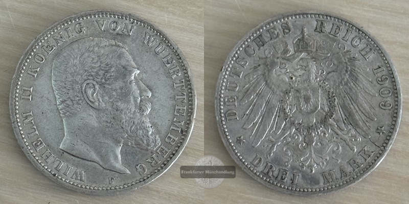  Kaiserreich Württemberg 3 Mark  1909 F   Wilhelm II. 1891-1918  FM-Frankfurt   Feinsilber: 15g   