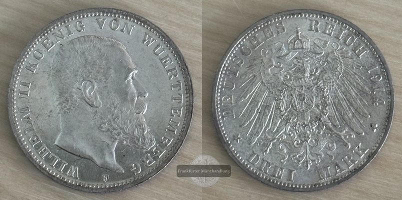  Kaiserreich Württemberg 3 Mark  1914 F   Wilhelm II. 1891-1918  FM-Frankfurt   Feinsilber: 15g   