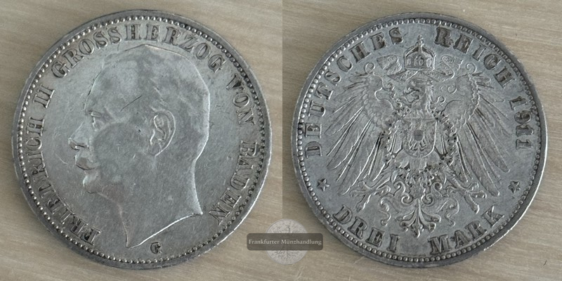  Deutsches Kaiserreich, Baden  3 Mark  1911 G  Friedrich II. 1907-1918  FM-Frankfurt Feinsilber: 15g   