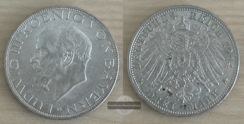  Deutsches Kaiserreich Bayern, Ludwig III.  3 Mark 1914 D  FM-Frankfurt  Feinsilber: 15g   