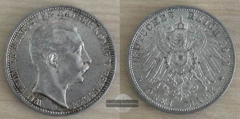  Deutsches Kaiserreich. Preussen, Wilhelm II. 3 Mark  1912 A  FM-Frankfurt   Feinsilber: 15g   