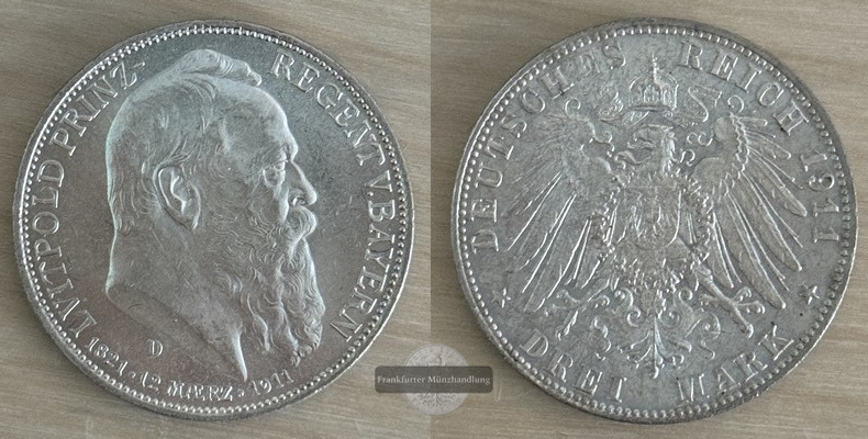  Deutsches Kaiserreich, Bayern, Luitpold 3 Mark  1911 D    FM-Frankfurt   Feinsilber: 15g   