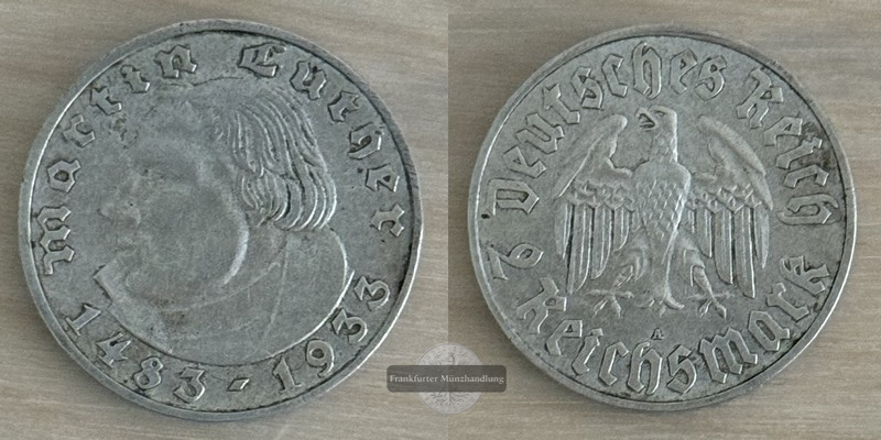  Drittes Reich  2 Reichsmark  1933 A  Martin Luther   FM-Frankfurt  Feinsilber: 5g   