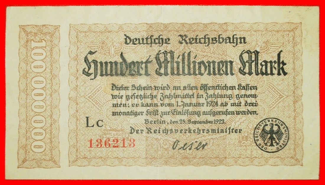  Ⰶ MINISTRY OF TRANSPORT: GERMANY ★ 100000000 MARKS 1923 CRISP! LOW START ★ NO RESERVE!   