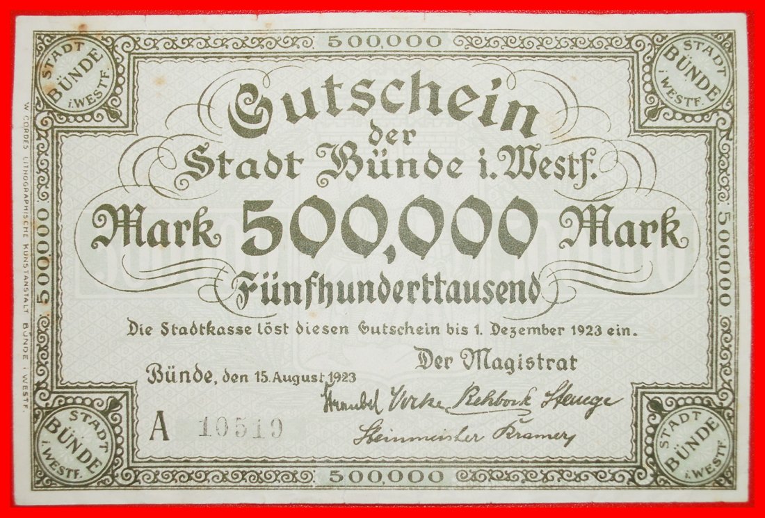  Ⰶ WESTPHALIA:GERMANY BUENDE★500000 MARKS 1923 UNCOMMON★TO BE PUBLISHED! CRISP★LOW START★ NO RESERVE!   