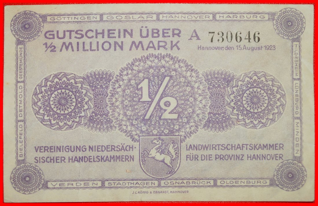  Ⰶ HORSE AND EAGLE: GERMANY HANOVER ★ 1/2 MILLION MARKS 1923 CRISP! ★LOW START★ NO RESERVE!   