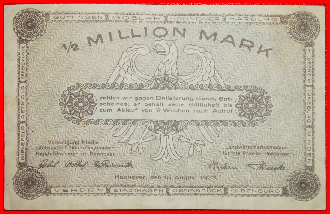  Ⰶ HORSE AND EAGLE: GERMANY HANOVER ★ 1/2 MILLION MARKS 1923 CRISP! ★LOW START★ NO RESERVE!   