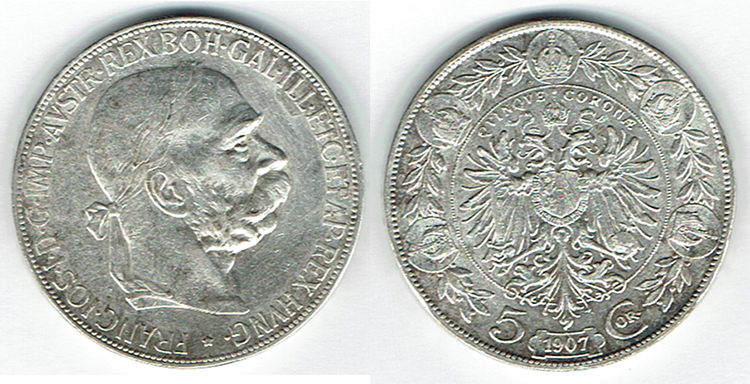  SZAIVERT KAISERREICH ÖSTERREICH FRANZ JOSEPH I. 5 KRONEN 1907 WIEN   